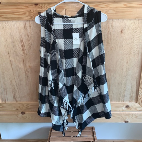 Cato NWT black/white buffalo checked hooded fringed flannel vest size S - Picture 1 of 5